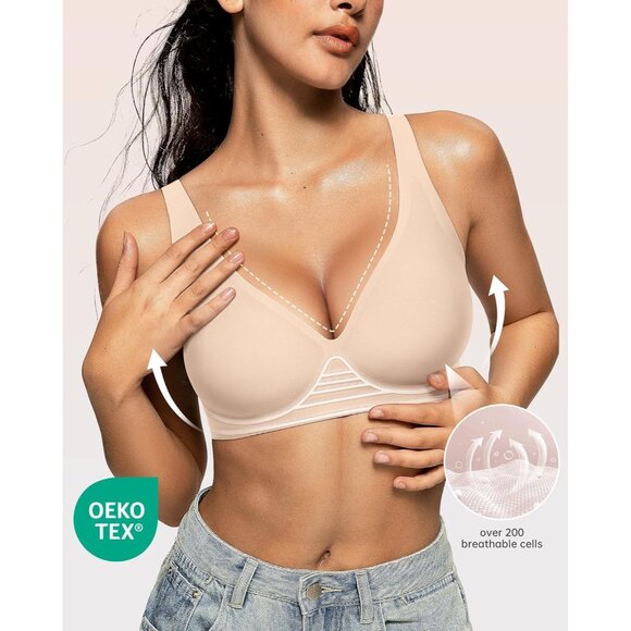 Women’s Deep V Wireless Bra Supportive Seamless T-Shirt Plunge Bralette Small - Picture 2 of 8